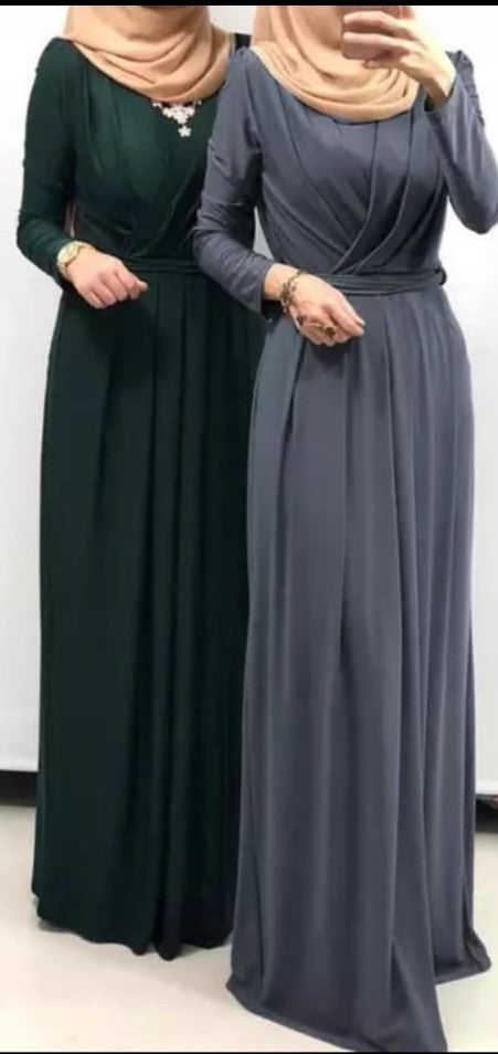 Long-Sleeve Pleated Maxi Dress(Grey)