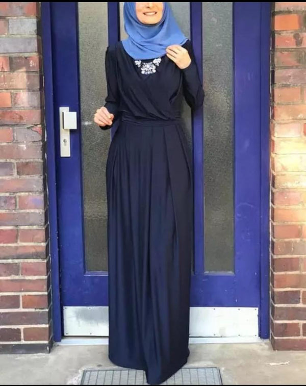 Long-Sleeve Pleated Maxi Dress(Navy blue)