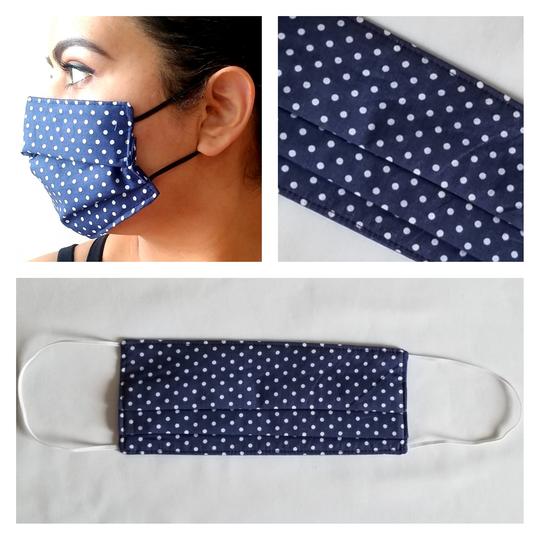 Triple Layered Face Mask - White with Navy Blue Polkadots